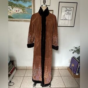 Margaret Godfrey Vintage 70s Brown Suede Embroidered Coat with Chocolate Trim
